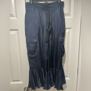 Cinq a Sept wide leg cargo pants blue satin ruffle cropped adjustable ties
